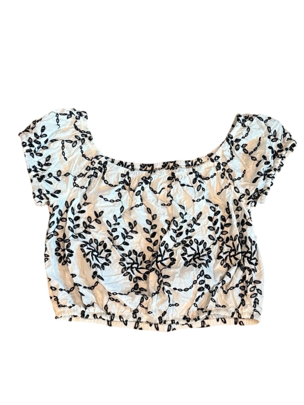 American Eagle Off Shoulder Eyelet Crop Top White Black Floral Vine XS